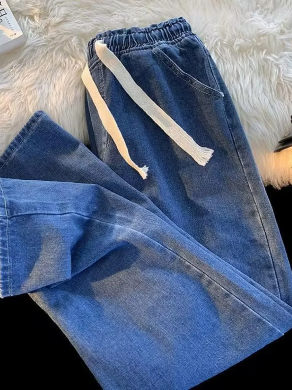 남성용 캐주얼 스트레이트 레그 진, 끈이 있는 신축성 있는 허리, 건설 작업용 내구성 있는 와이드 레그 작업복 바지