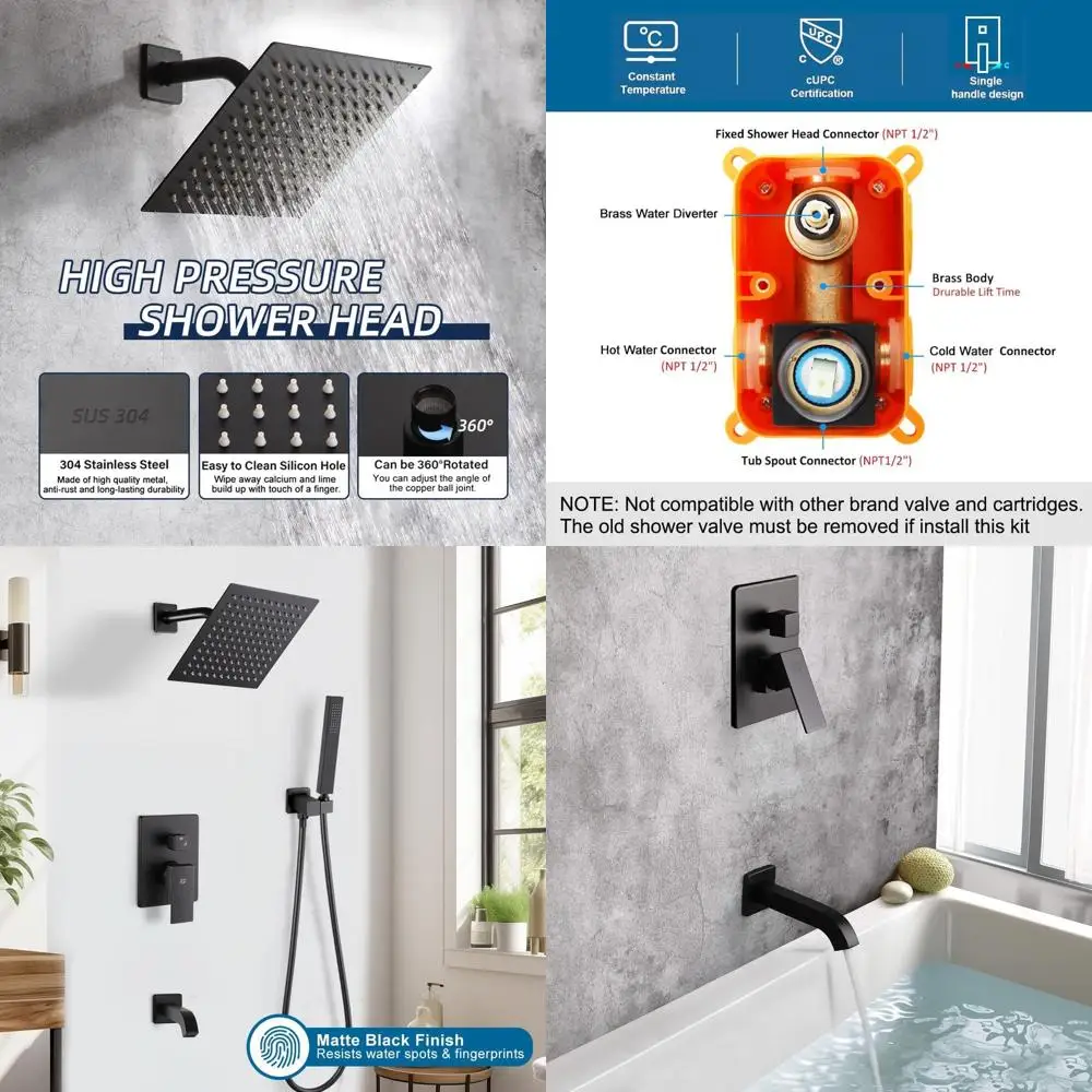 8 Rainfall Shower System with Handheld, Single Handle Kit and Tub Spout in Matte Black