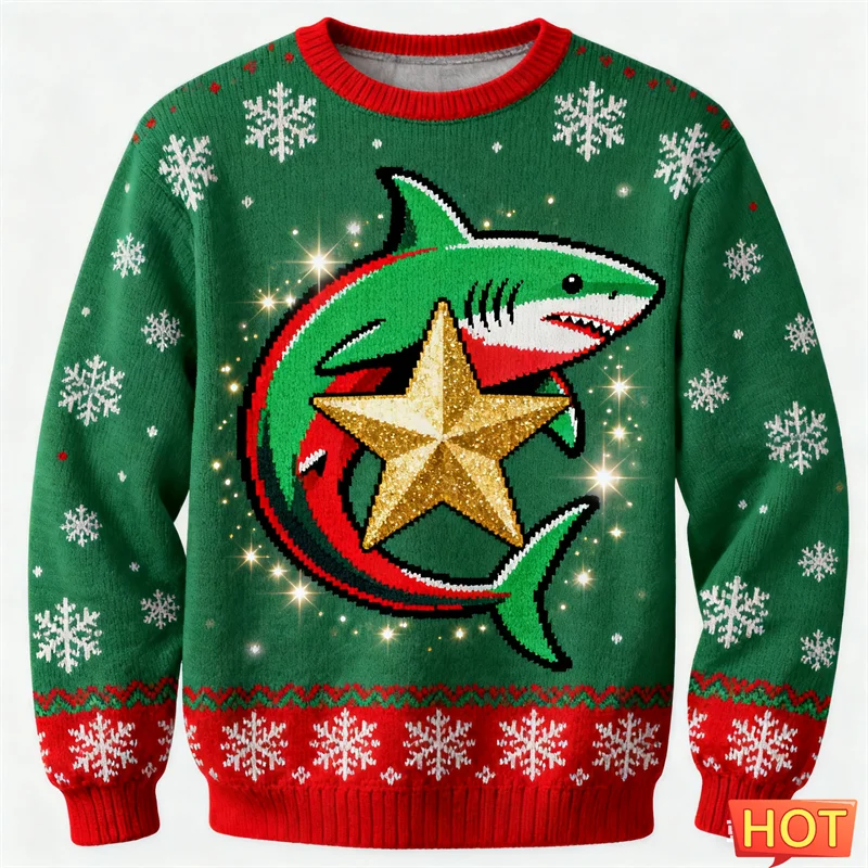 

Cute Shark Graphic Ugly Christmas Sweater For Men Trendy Crew Neck Animal 3D Printed Xmas Sweatshirts Casual Oversized Pullovers