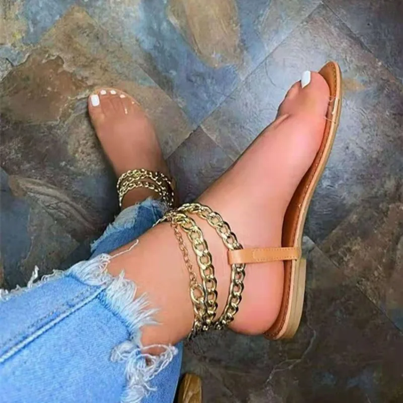 

Fashion Gold Chain Decor Thong Sandals for Women, Comfortable Flat Summer Shoes for Vacation Daily Wear