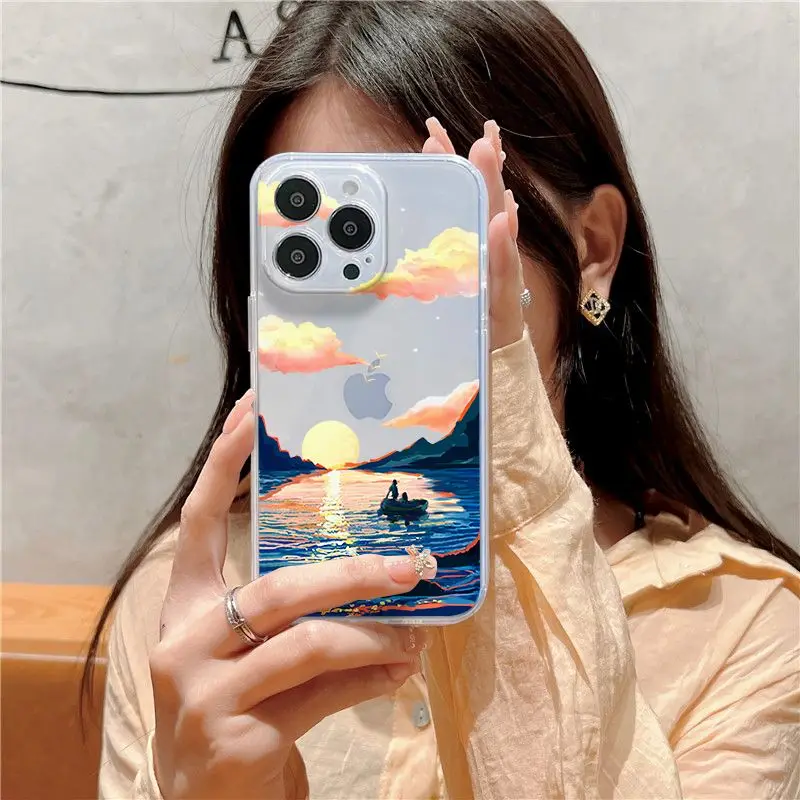 شفافة الجمالية شاطئ البحر الغروب مشهد جراب هاتف آيفون 16 15 14 13 12 11 بروماكس X XS XR 7 8 زائد جراب هاتف غطاء