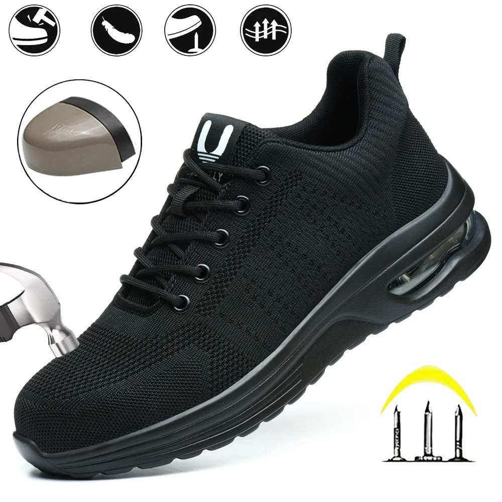 Men's Safety Work Shoes Lightweight Breathable Steel Toe Kevlar Anti-Smashing Puncture Resistant Boots for Warehouse Workshop Factory