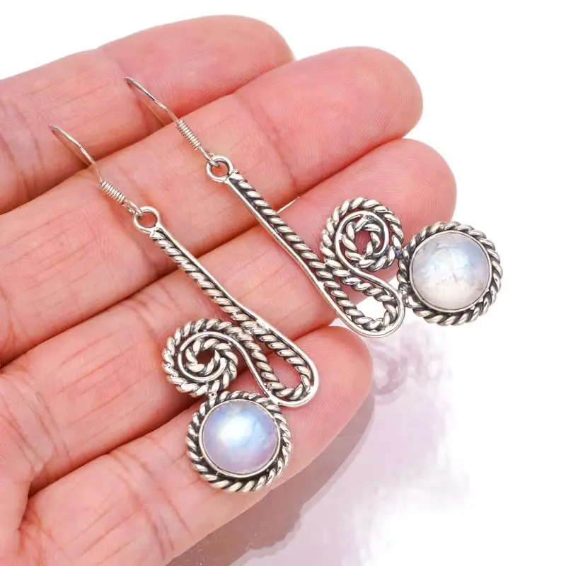 StarGems Natural Rainbow Moonstone Handmade 925 Sterling Silver Earrings 2 1/4