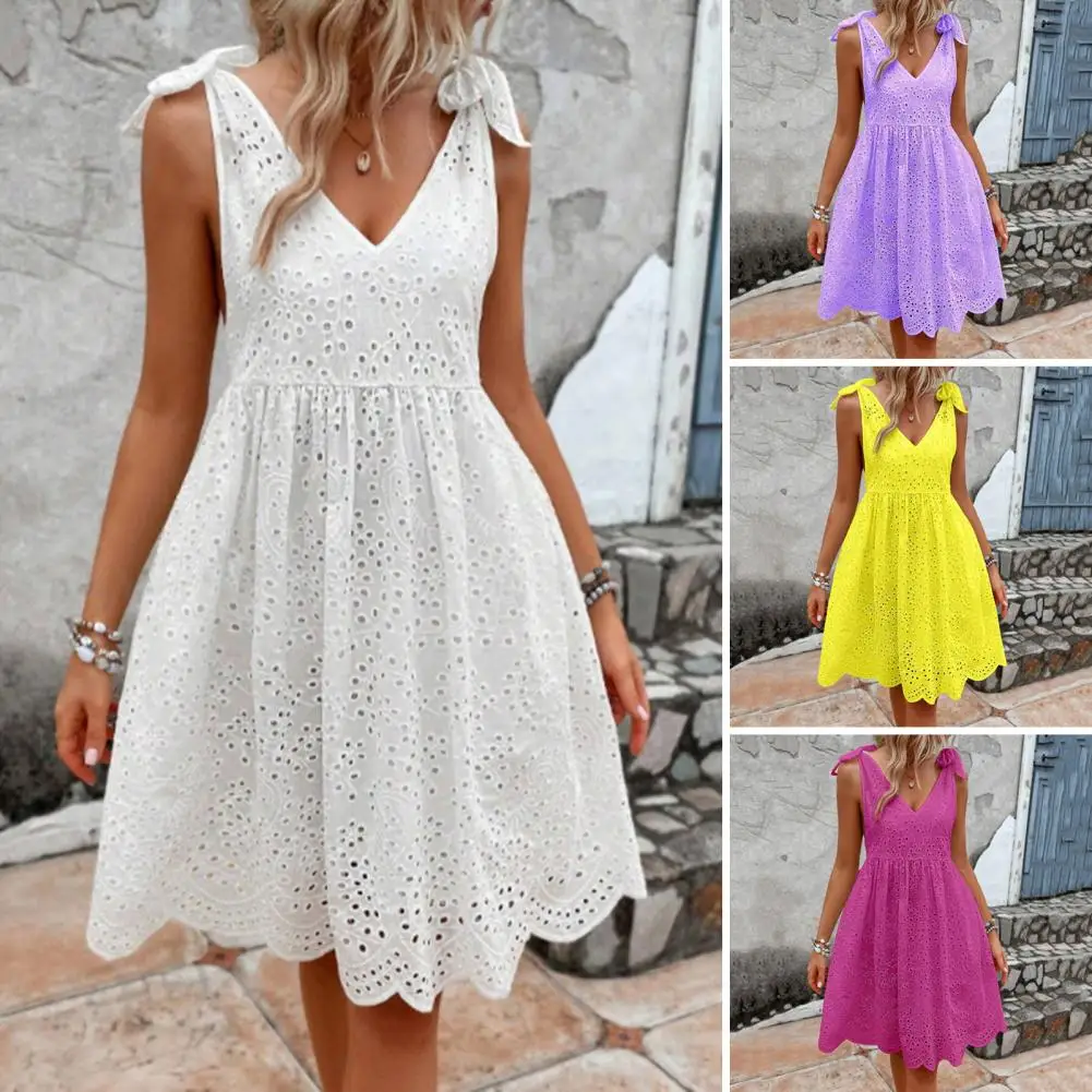 

Solid Color Dress Elegant Lace-up Shoulder Midi Dress with Pleated A-line Design V Neck Detail for Summer Parties Dating Events