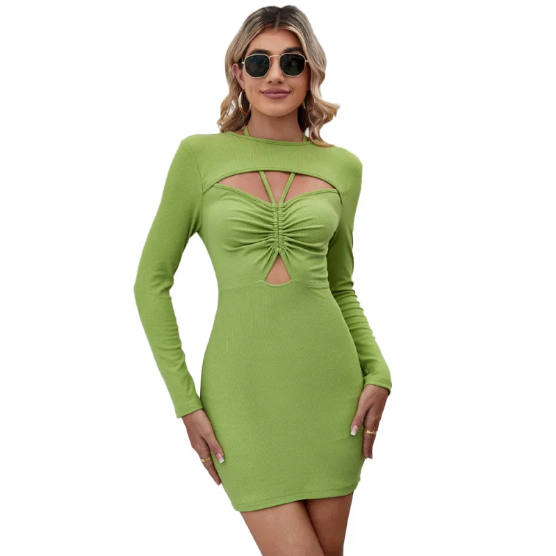 YQ1-Spring verão novo estilo estação independente confortável casual halter oco bodycon vestido de manga curta longa