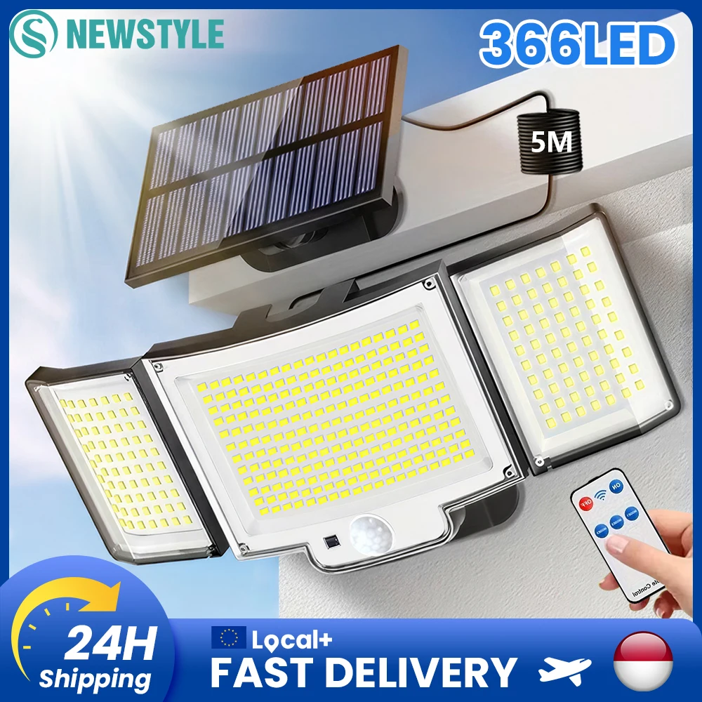 Solar-Außenleuchten, 366 LED-Sicherheitsleuchten mit Fernbedienung, 1800 mAh Akku, IP65 wasserdicht, Solar-Sicherheitsleuchten mit Bewegungssensor, 3 Beleuchtungsmodi, 3-Kopf-Weitwinkel-Solarleuchte