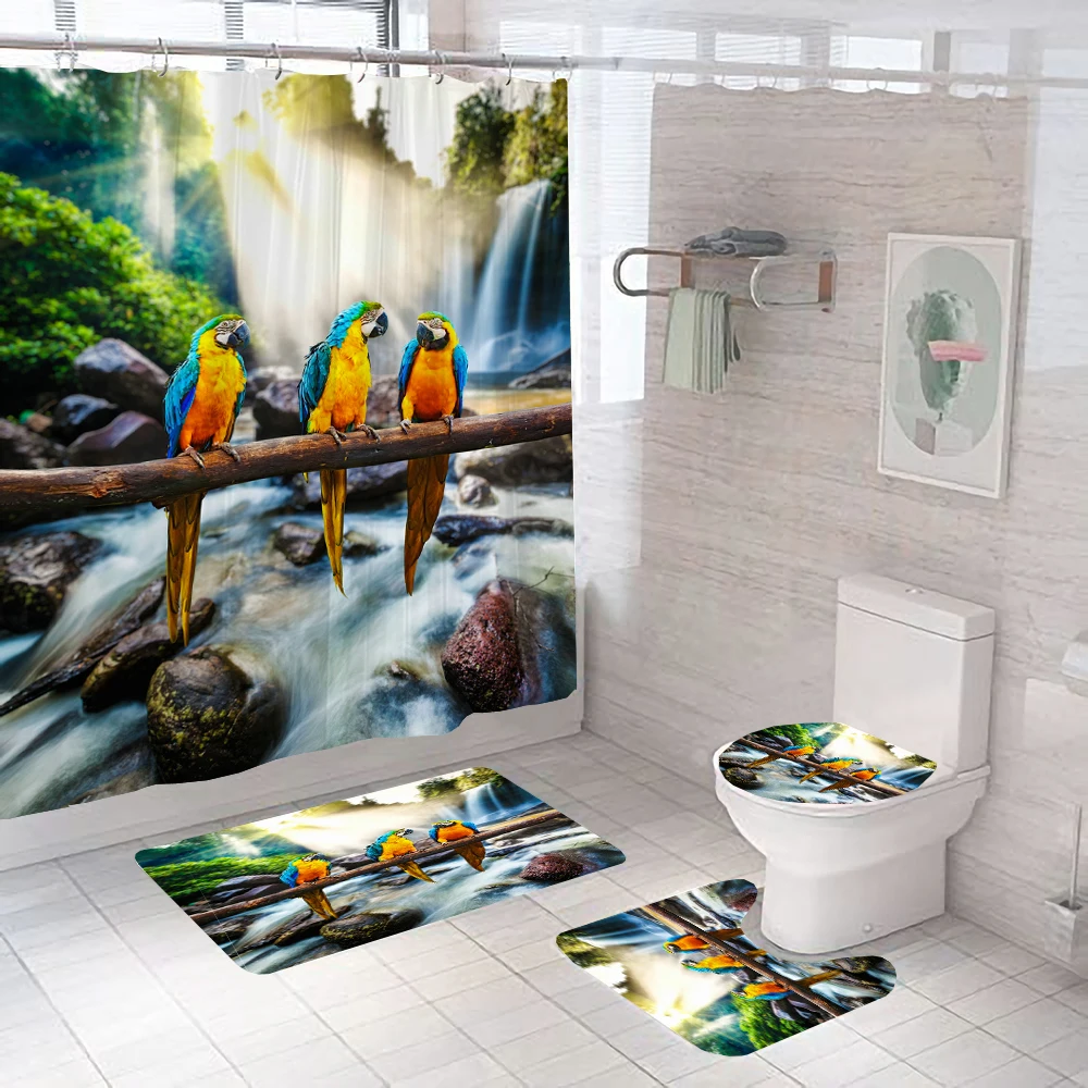 Parrot Birds Printed Bathroom Carpet Set Waterproof Bathroom Curtain Shower Curtain Bath Rug Anti-slip Foot Mat for Toilet