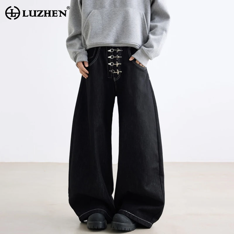 

LUZHEN Свободные широкие джинсы с металлической пряжкой на пуговицах, мужские джинсы 2025 года, новые модные однотонные повседневные джинсовые брюки высокого качества, мужские JY3956