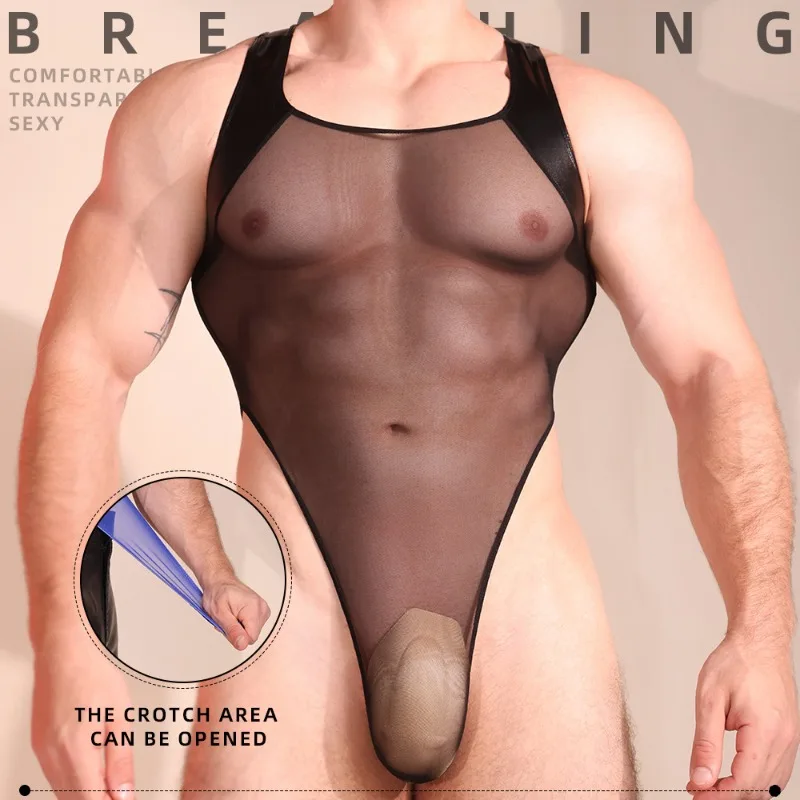 

Men's Lingerie Rave Bodysuit Snap Crotch Thong Leotard Onesie Mesh Leather Sexy High Elastic Body Sculpting Top Gay Club Outfits