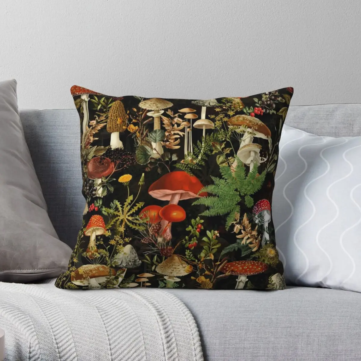 Vintage Mushrooms Forest Botanical Square Pillowcase Polyester Linen Velvet Pattern Zip Decor Car Cushion Cover 45x45