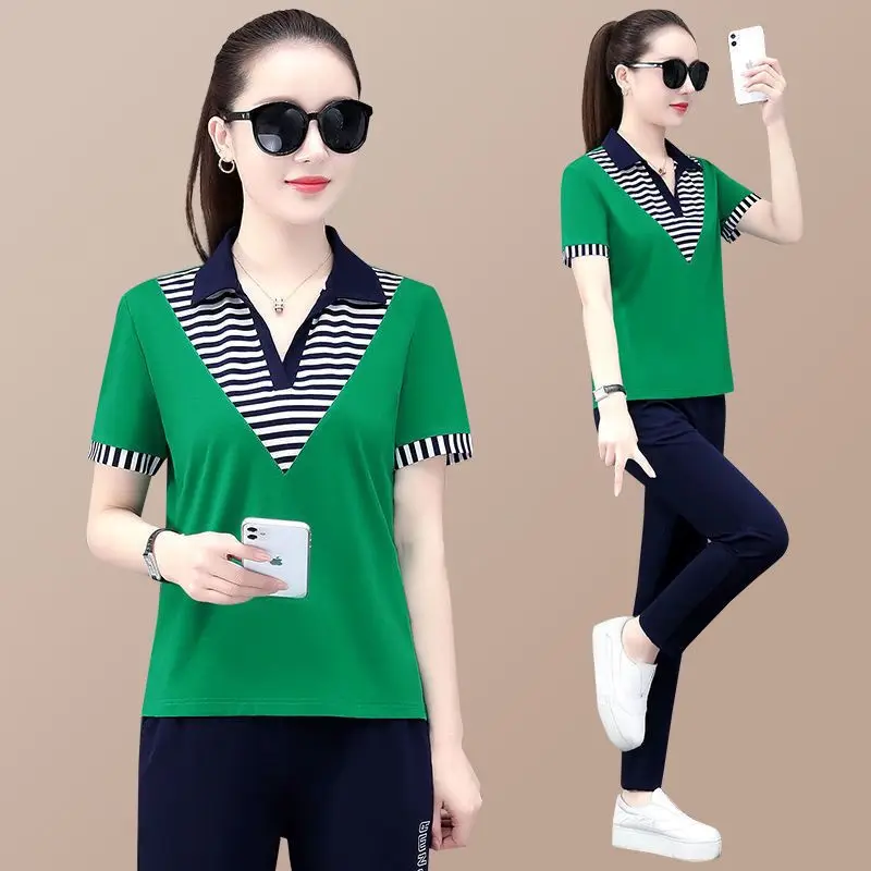 Summer New Polo Shirt Lapel Two-Piece Korean Casual Sports Suit Women's Short-Sleeved Trousers Two-Piece Suit