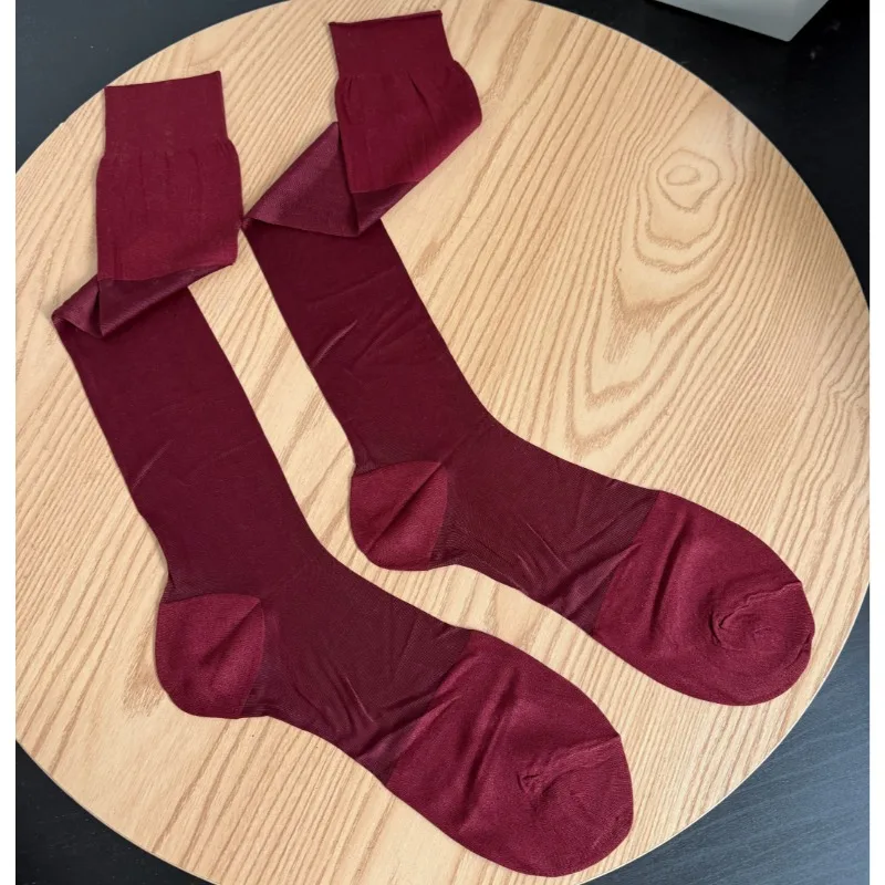 Men Business Dress Long Socks High Quality Elastic Soft Breathable Casual Solid Color Spanish Red Stockings Man Knee High Socks
