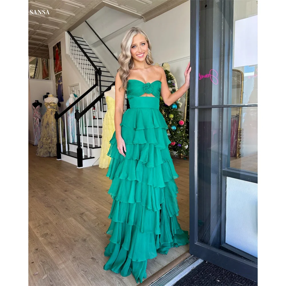 Sansa Green 3D Flower Strapless Prom Dress A-Line Chiffon Customized Party Dress High Split Cascading Ruffle Evening Dresses