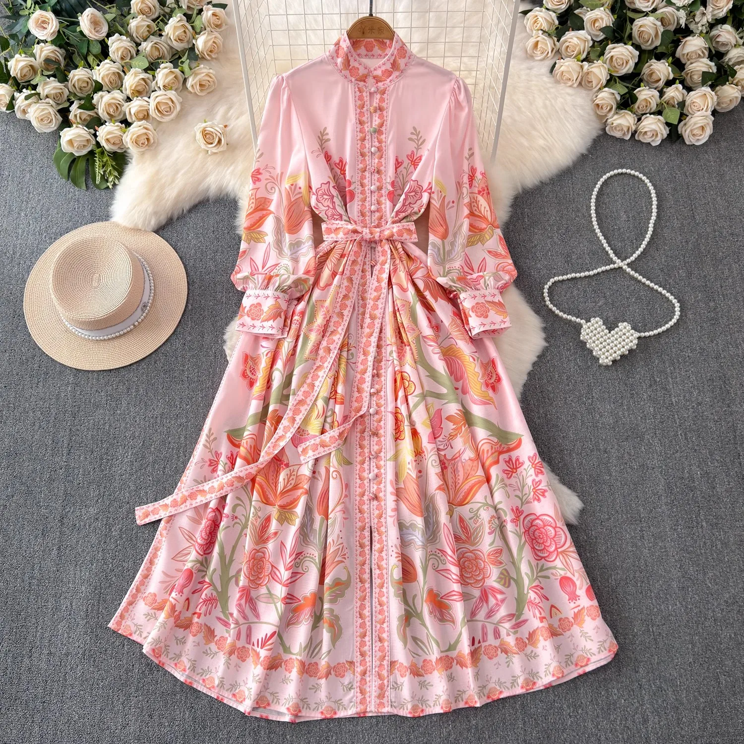 Elegant Pink Floral Holiday Robe Dress Women Spring Summer Stand Long Lantern Sleeve Sashes Linen Long Vestidos Clothes 2057