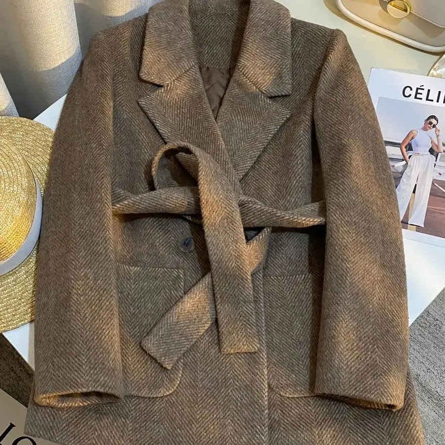 2026 Blazers Women Winter Jacket Coat New Coffee Vintage Lace-up Woolen Suit Jacket Ladies Commuter Casual Tops Female Outerwear