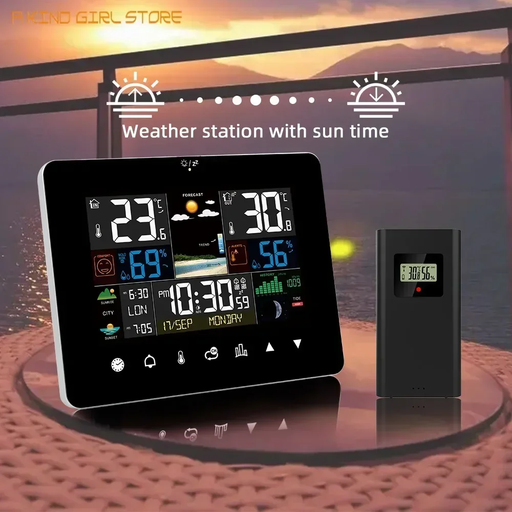 Sunrise And Sunset Hygrometer Thermometer Touch Screen Operation Weather Station Alarm Clock With Wireless OutdoorSensor