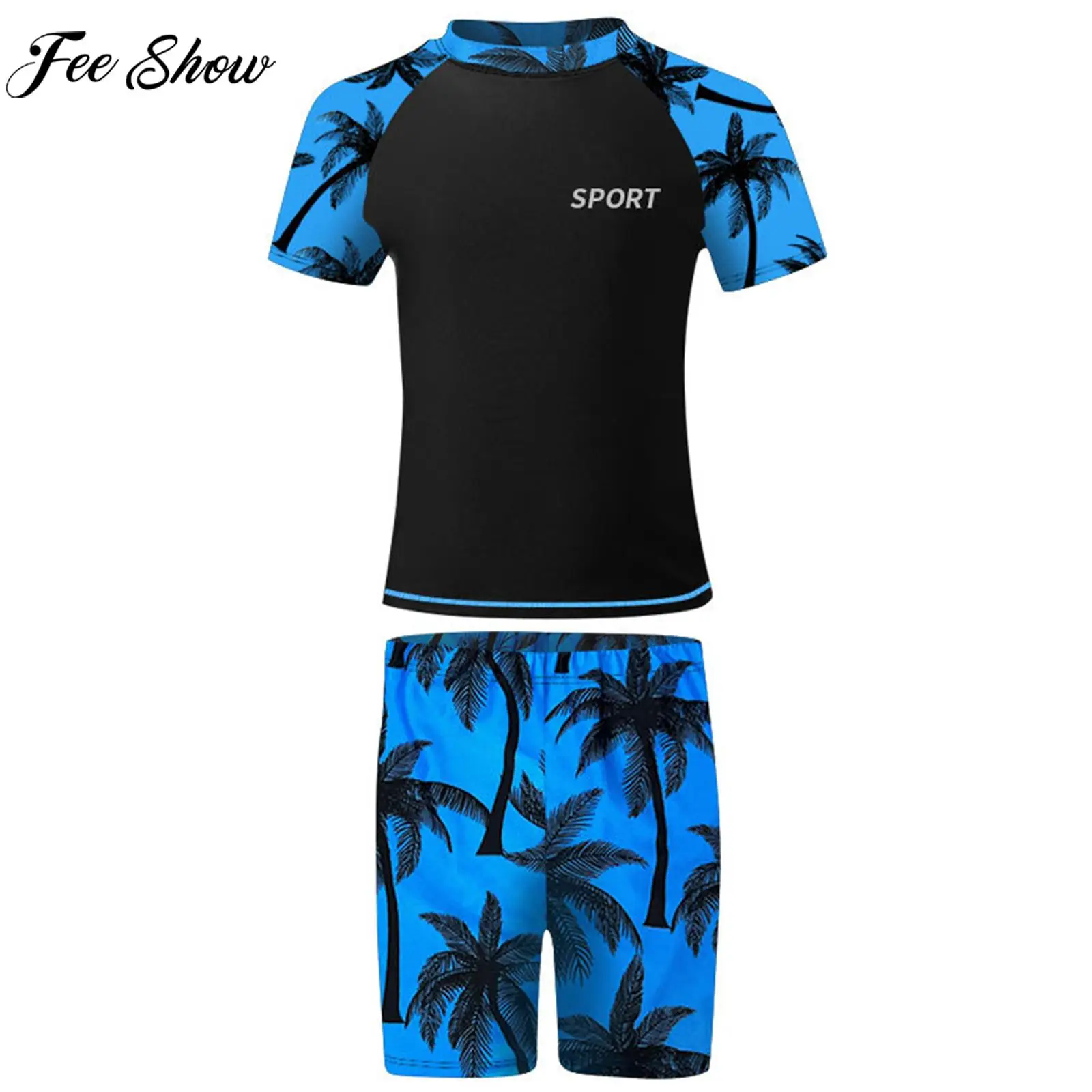 

Teens Boys Two-piece Swimwear Rash Guard Surfing Sports Suit Short Sleeve Swim Tops with Drawstring Shorts Bathing Suit Swimsuit