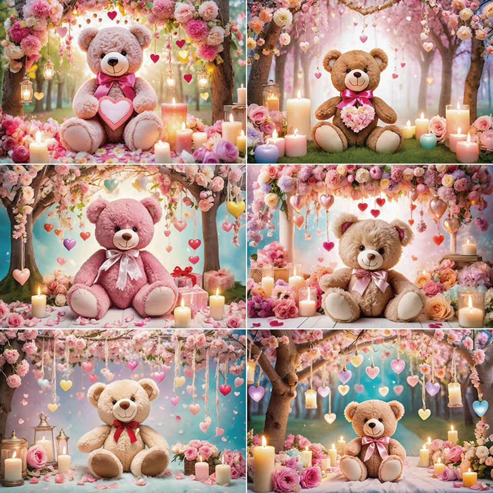 

MOON.QG Valentine'S Day Backdrop Birthday Decoration Photocall Love Heart Teddy Bear Background Photography Studio Accessories