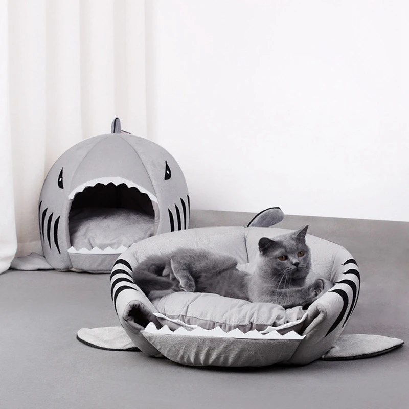 Katze Bett Cartoon Shark Form Haustier Welpen Schlafen Bett Warme Zwinger Haustiere Zelt Gemütliche Höhle Katze Betten Innen Für Hund Kleine Haustiere Haus