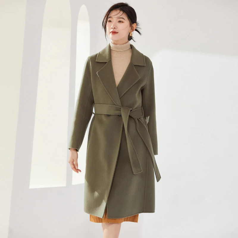 

Autumn Winter Pure Wool Coat for Women with Suit Collar and Belt, Korean Style Loose Fashionable Long Double-Sided Woolen Coat