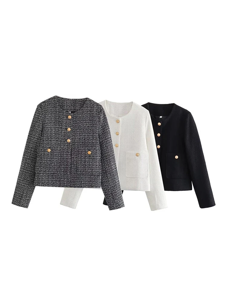 ZABA Women Fashion Single Breasted O Collar Long Sleeve Loose Tweed Short Jacket Casual Elegant Button Pocket Plaid Blazer