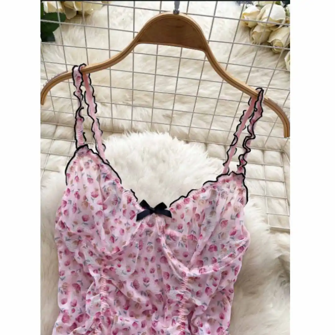 Women Sweet Homewear Suits Floral Print Ruched Straps Tops High Waist Wide Legs Shorts Hotsweet Thin Cozy Sets image 2