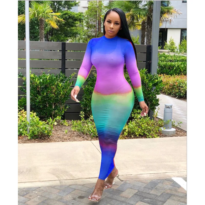 Robe transparente à imprimé arc-en-ciel pour femmes, document nickel é, manches longues, col rond, robes de club sexy pour dames maigres