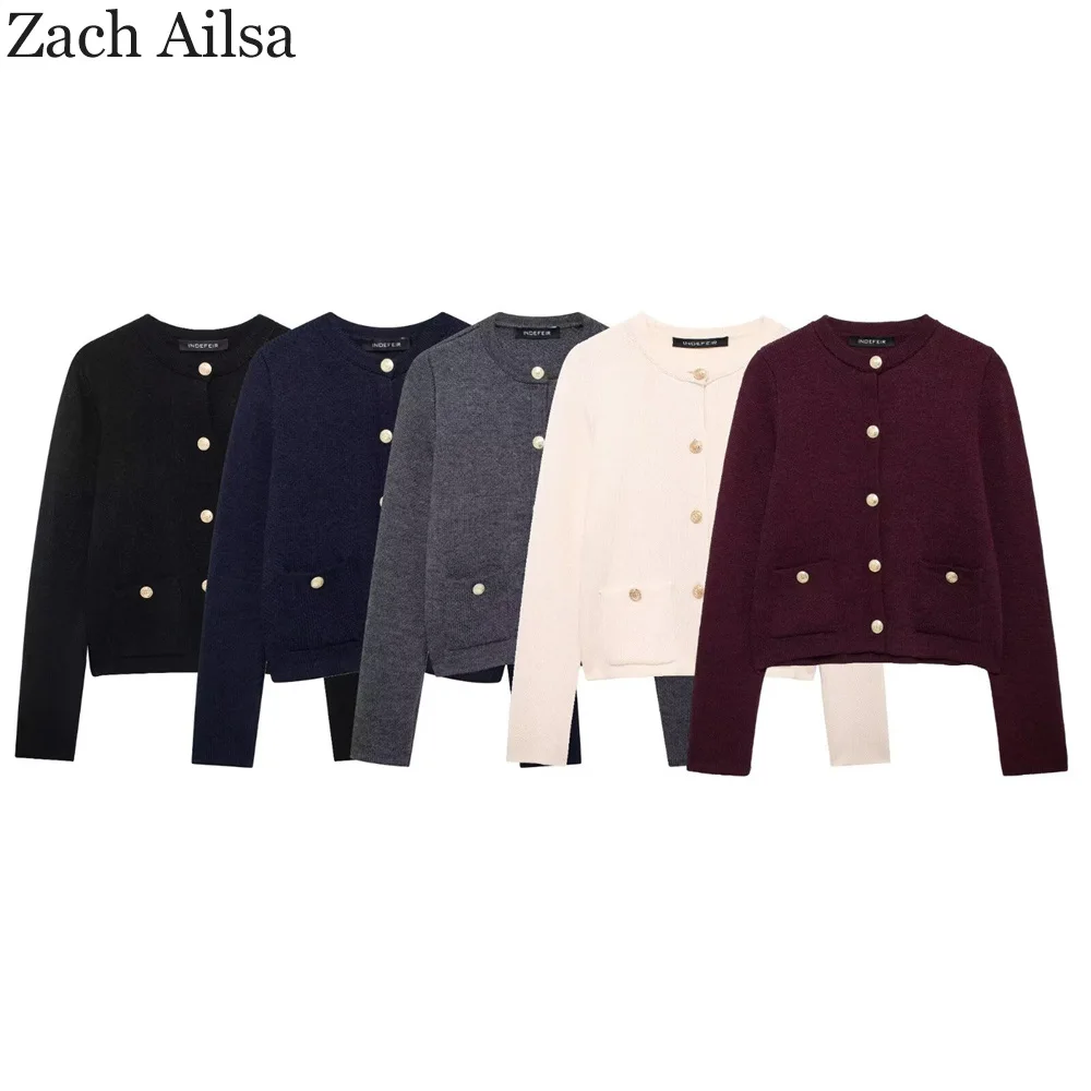 

European and American style ZA women's new fashionable gold buckle decoration long sleeved round neck knitted jacket