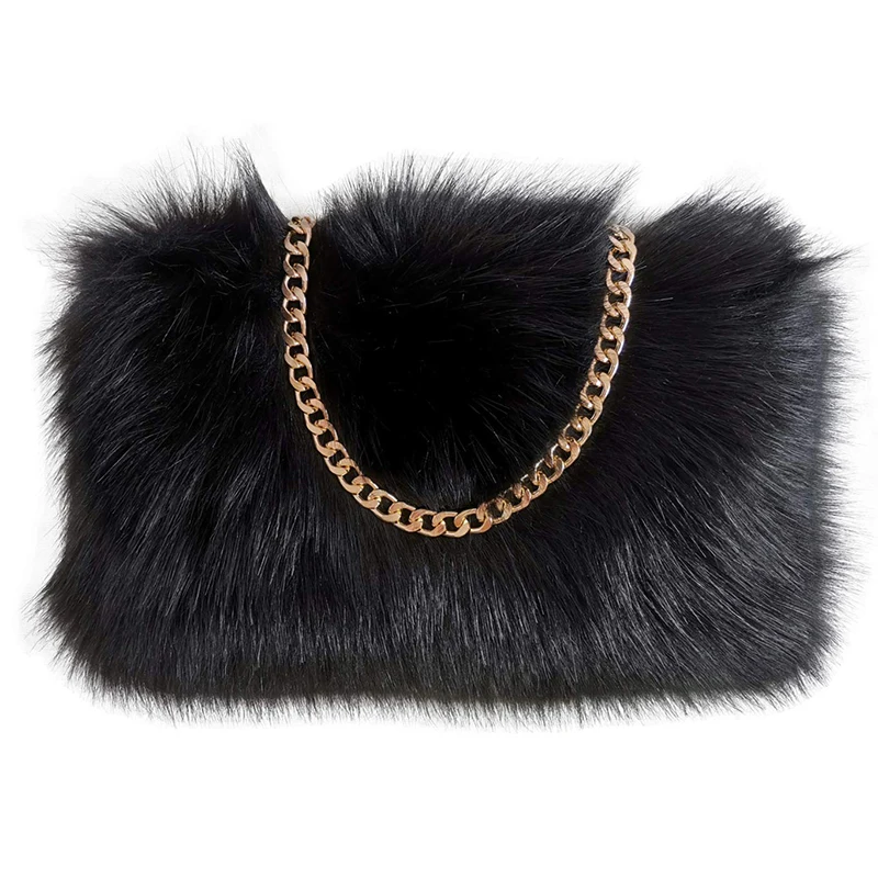 Faux Fox Fur Purse Fuzzy Handbags for Women Evening Handbags Al alloy Shoulder Strap Shoulder Bags Black