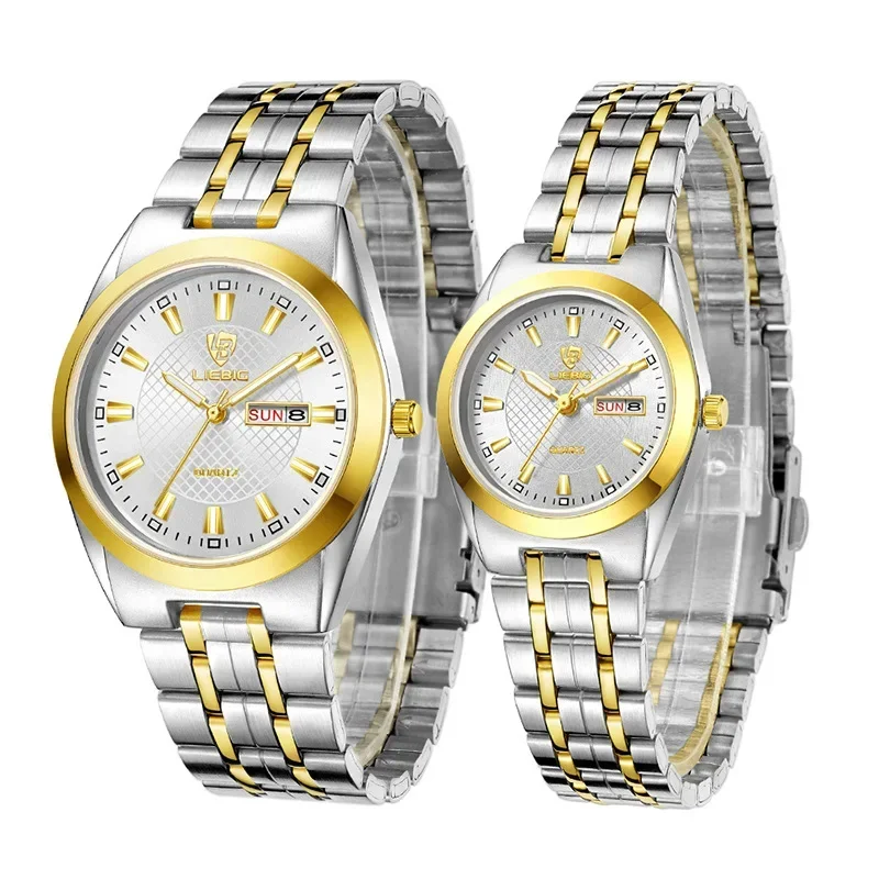 Reloj de pulsera de moda 2025, movimiento de cuarzo, correa de acero inoxidable, fecha de hora, reloj dorado informal para hombre y mujer, reloj Masculino