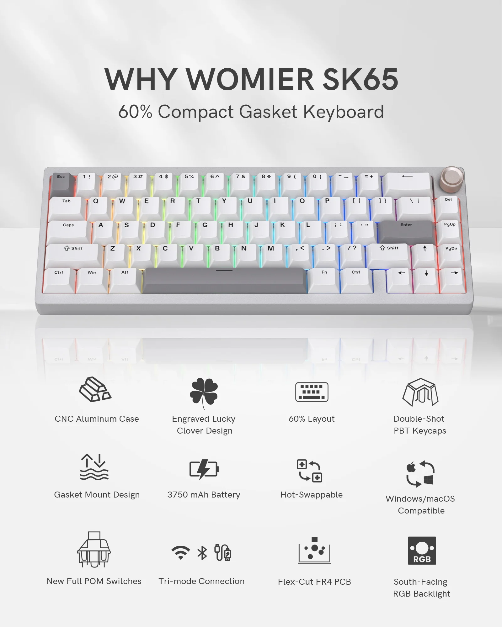 Womier SK65 65% Aluminum Alloy Shell  Tri-Mode Hot Swap Gaming Mechanical Keyboard RGB Wireless Keyboard Gasket Mounted Keyboard