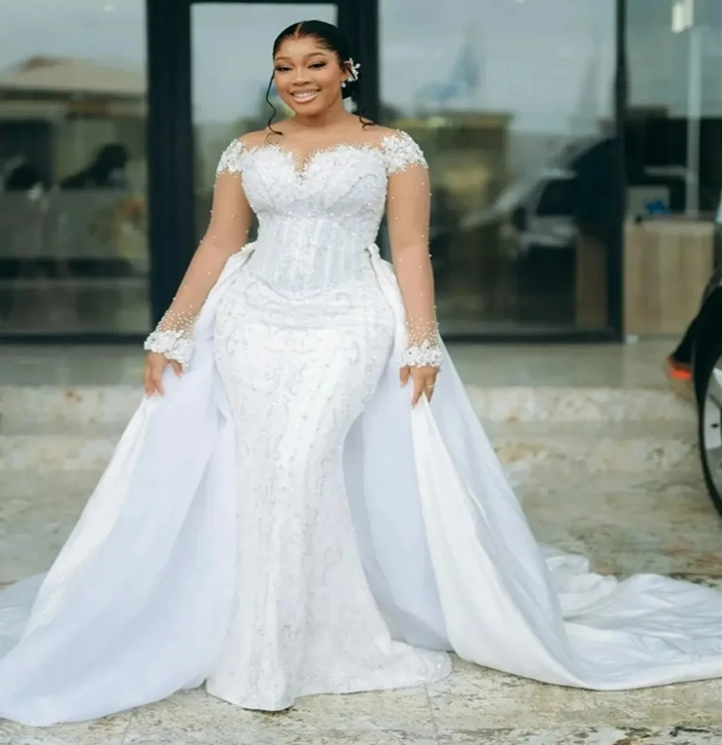 

Luxury Arabic Mermaid Wedding Dress 2026 Sheer Neck Appliques Lace Long Sleeves Beads Africa Bridal Bride Gown Vestido de Noiva