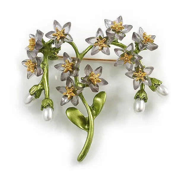 Delicate Gray Acrylic Pearl Floral Brooch for Women Fashion Unique Plant Corsage Coat Accessory Pins