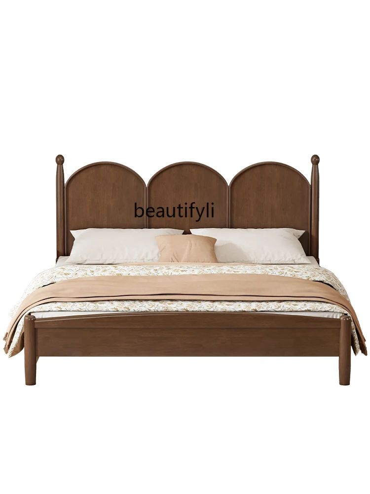 

Nordic Solid Wood Modern Minimalist 1.5M 1.8M Double Mid-Ancient Style Bed Master Bedroom French Retro Bed Small Apartment