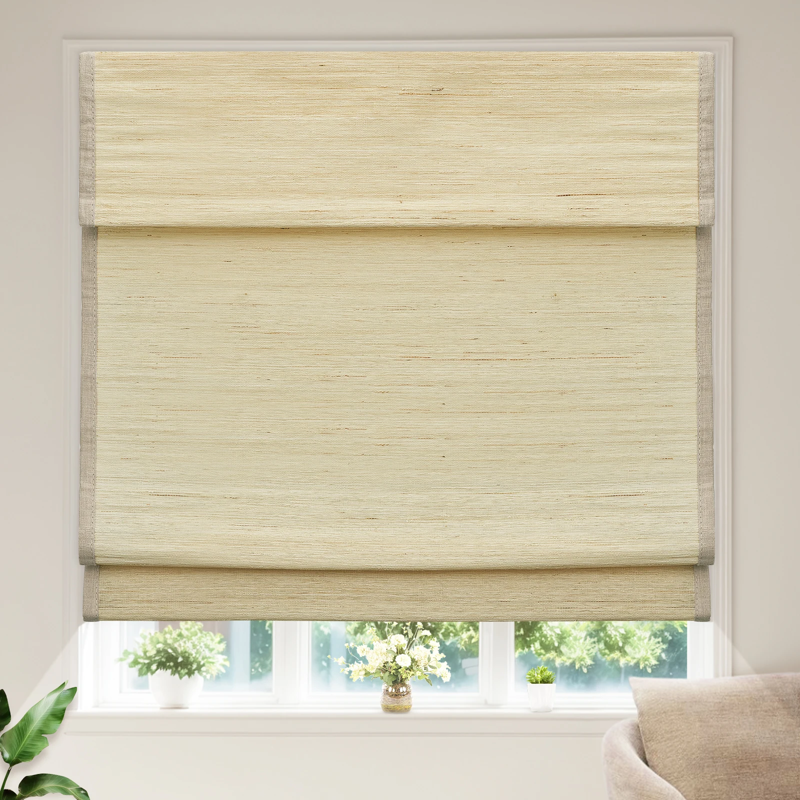 

Moonice Cordless Roman Blinds Natural Woven Fabric Roman Shades Blackout Opaque Privacy Customized Window Blinds Easy to Install