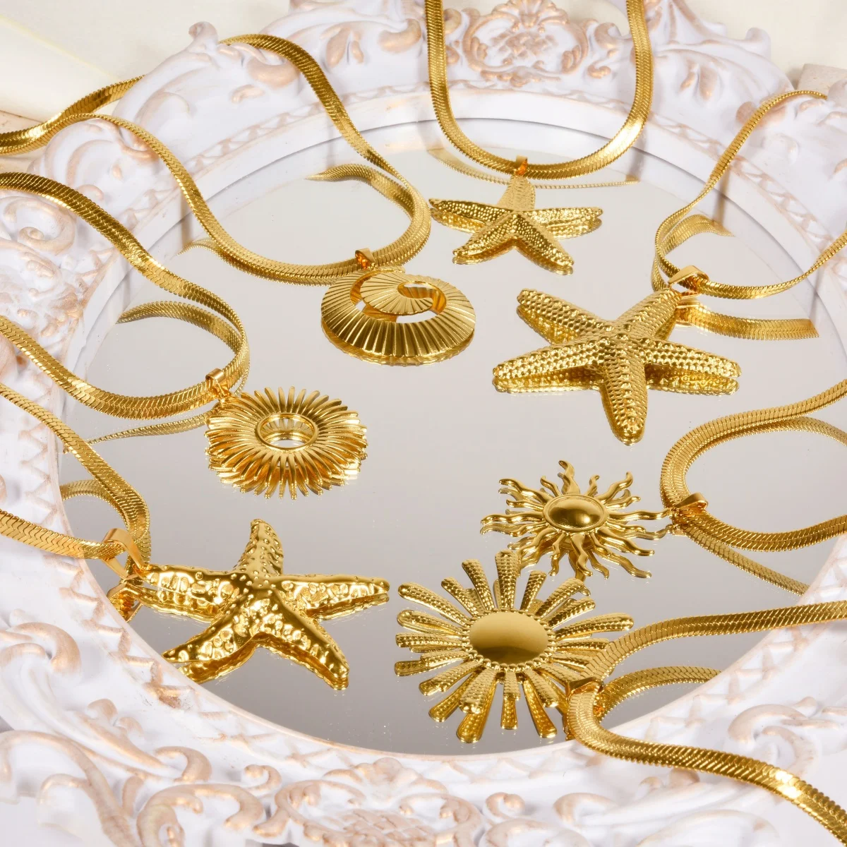 Punk Large Starfish Sun Conch Gold Plated Pendant Choker Necklaces Stainless Steel Chunk Sea Star Charms Jewelry for Women Gifts