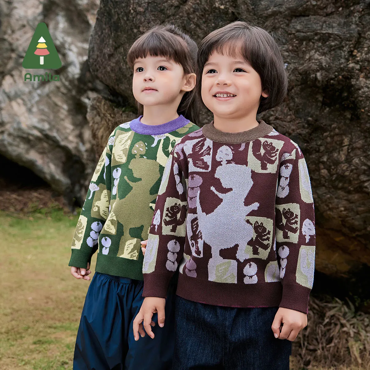 Amila Baby Sweater 2024 Autumn New Boys And Girls Cartoon Round Neck Animal Plant Soft Breathable Full Print Children‘s Pullover