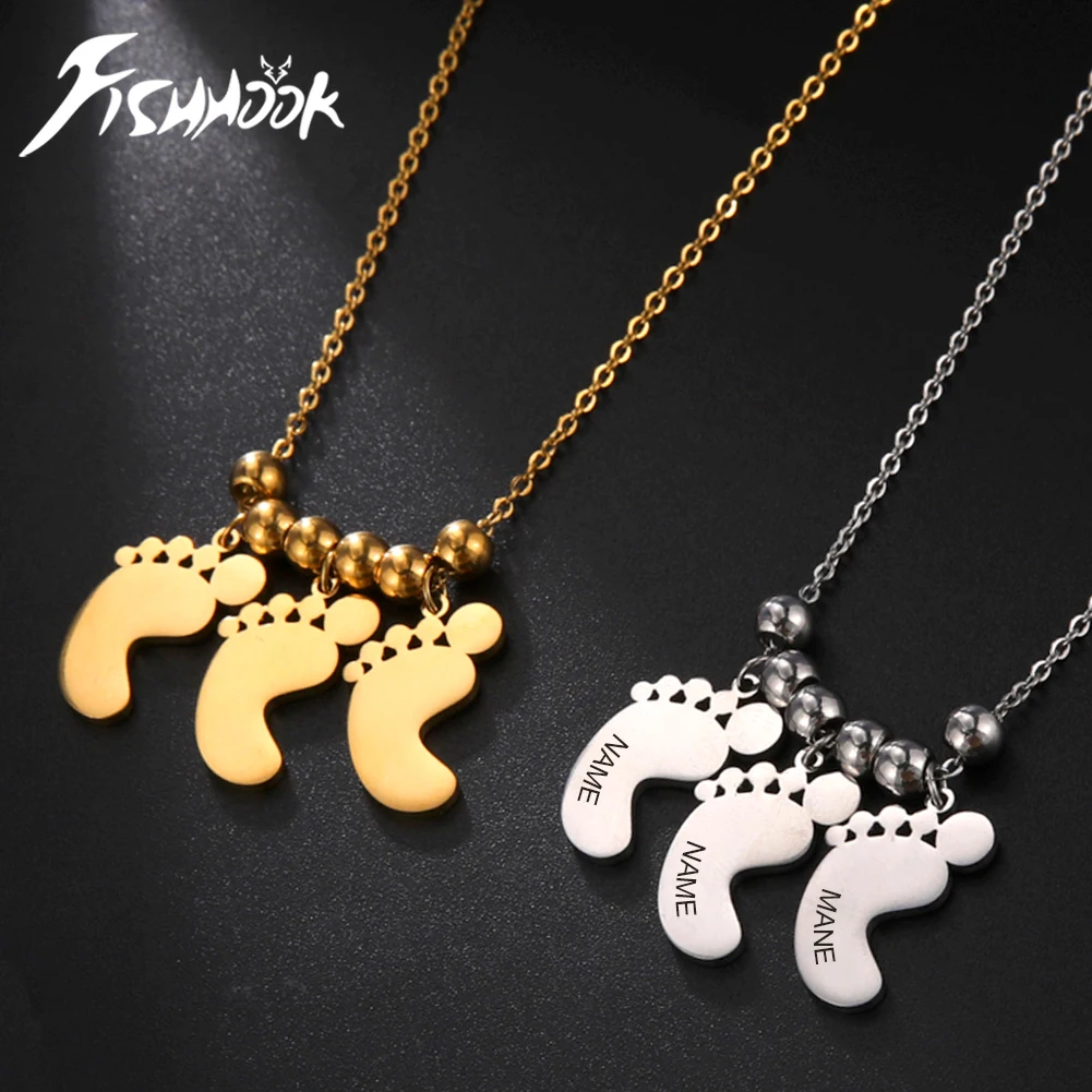 Fishhook Personalized Child Baby Necklace Foot Engrave Name Chain Family Boy Girl Kid Stainless Steel Gift For Women Men Jewelry