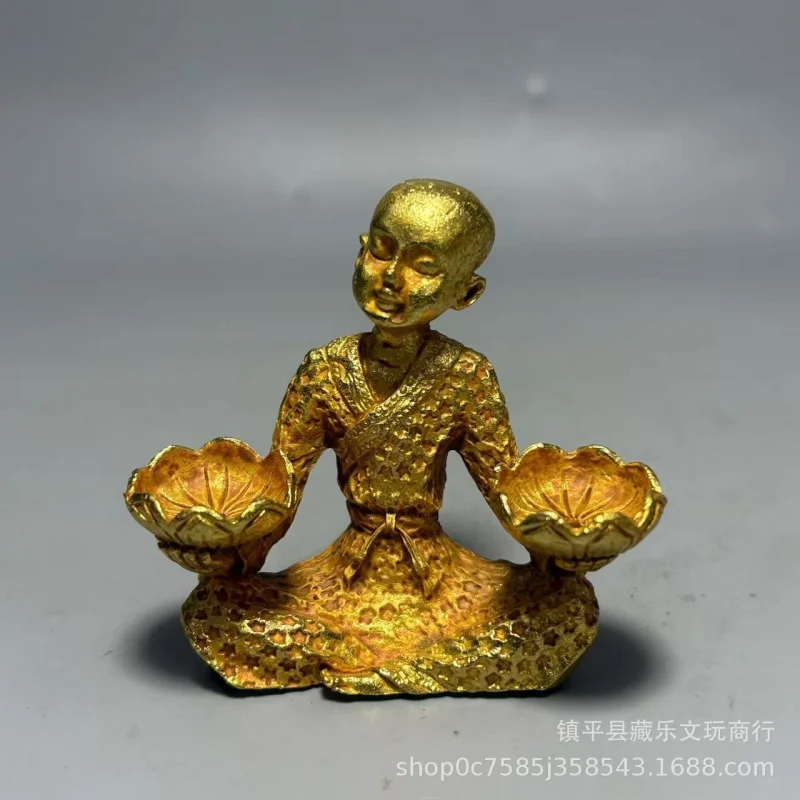 Antique Little Monk Figurine with Tray, Kneeling in Meditation , Arhat Lotus Candle Stand, Incense Holder, Cr