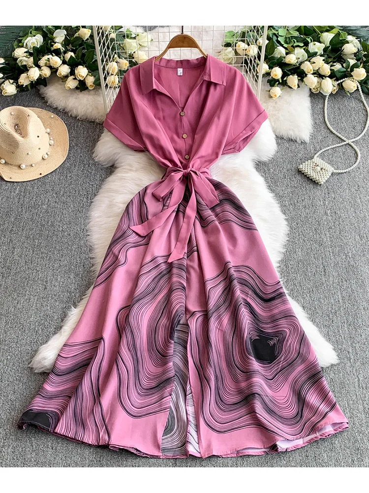 Vestido de verão feminino temperamento com decote em v único breasted camisa casual nicho impressão cintura cinching emagrecimento vestidos longos ds166