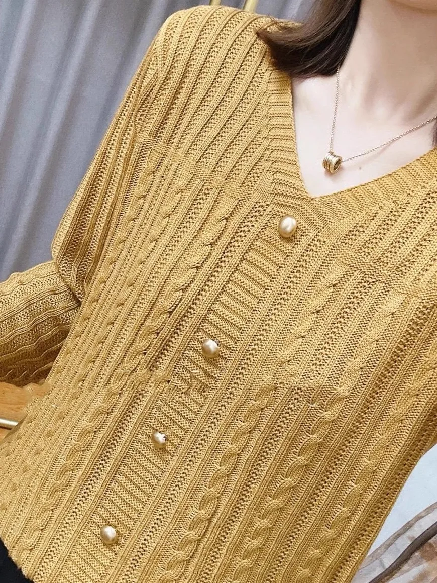 

Свободный вязаный свитер с V-образным вырезом для женщин, облегающий, в стиле ретро, с узором «косы», осенне-зимний, корейский стиль, прямой крой, длинный рукав