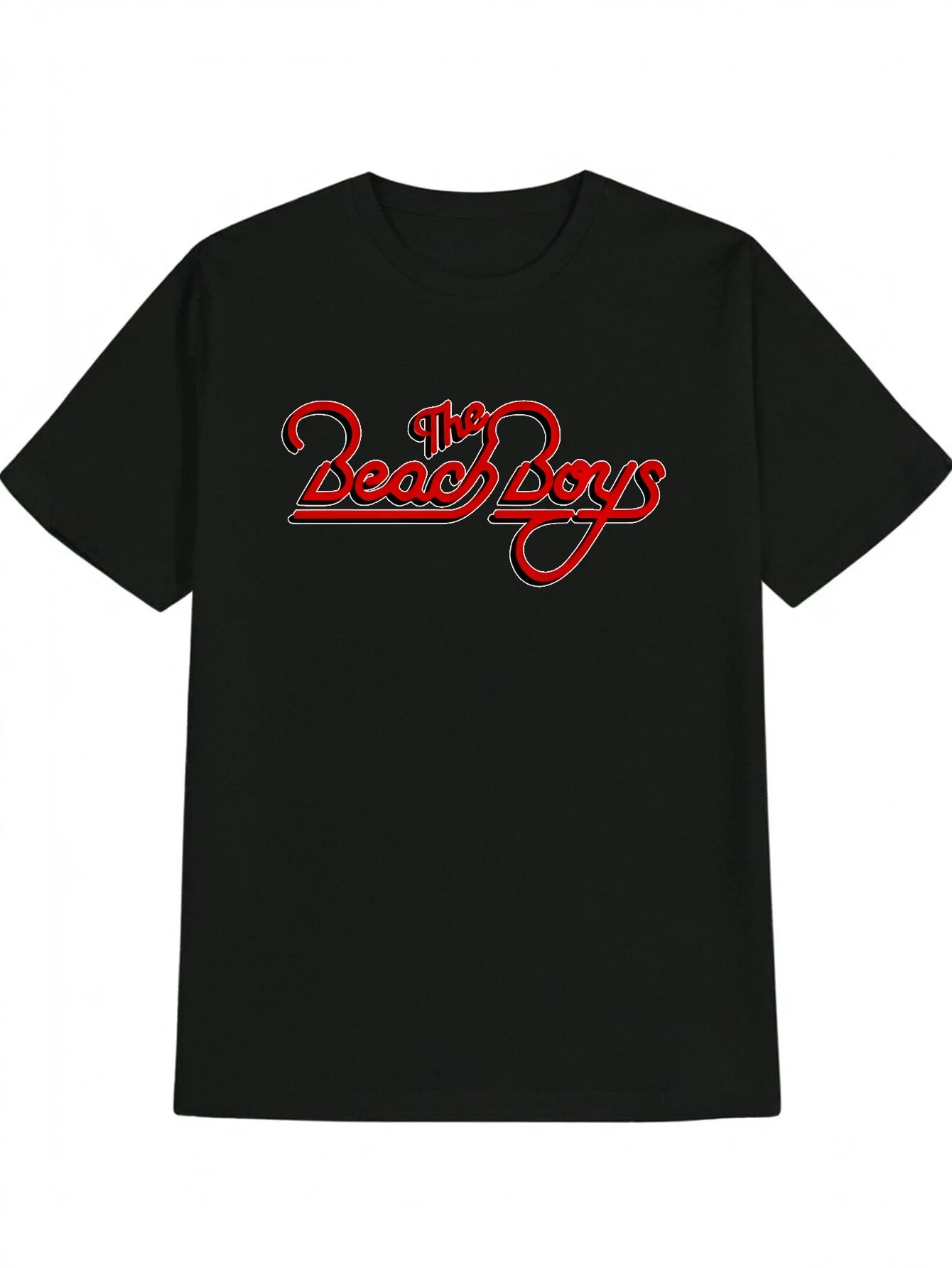 تي شيرت رجالي كاجوال بأكمام قصيرة أسود مع مخطوطة حمراء The Beach Boys جرافيك طباعة رقبة مستديرة تي شيرت عادي مناسب للرجال