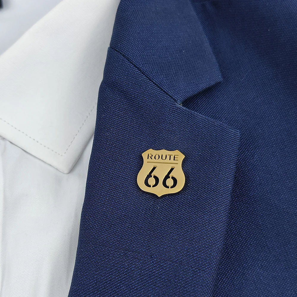 New Route 66 men's lapel pin, 316L stainless steel gold-plated badge, black brooch for suit accessories, gift for father - Image 6