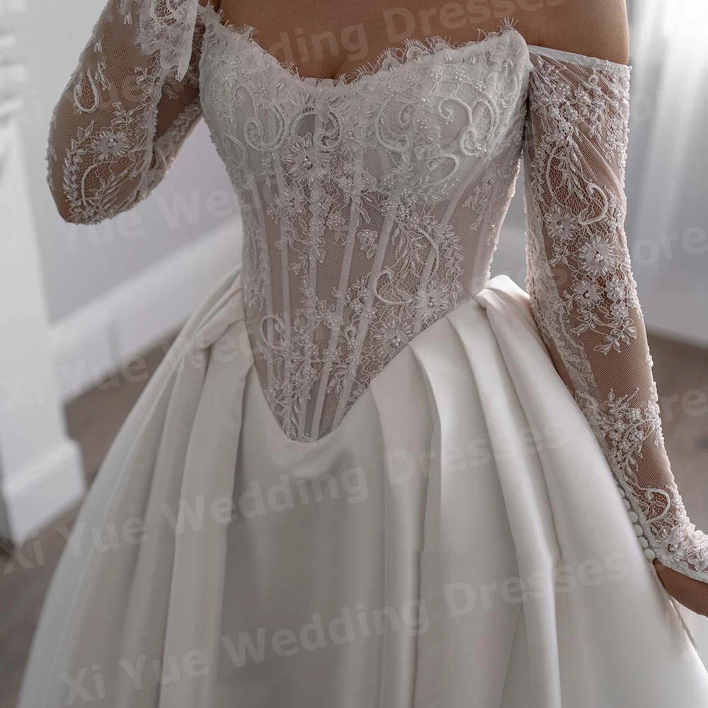 Elegante A-Linie frauen Brautkleider Off Schulter Vestidos De Novias De Boda Braut Kleider Angepasst Satin Spitze Schlitz Vestidos
