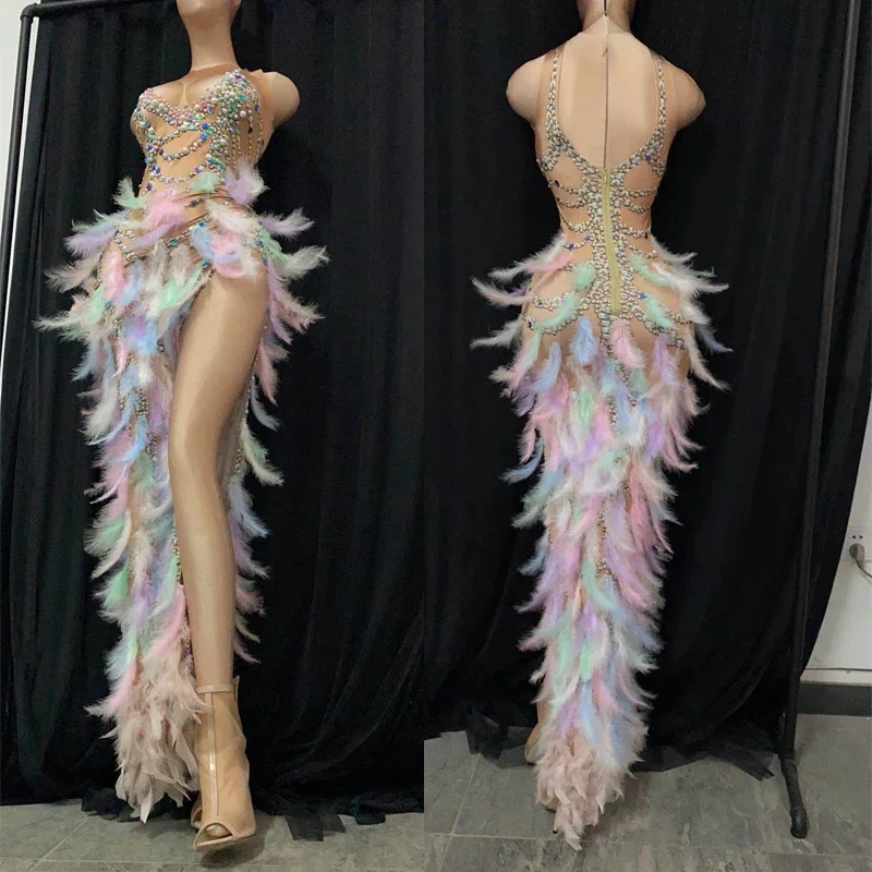 

Colorful Feather Dress Sexy Women Singer Stage Show Outfit Crystal Stone Club Entertainer Party Dress Prom Social Costume