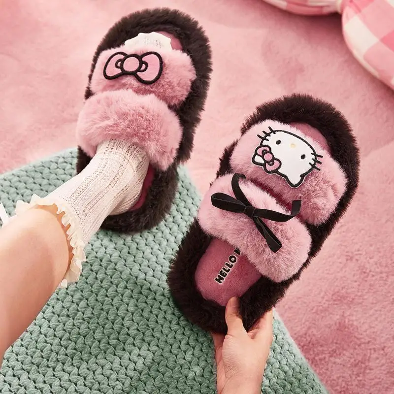 Sanrio Hello Kitty Slippers Exclusively Customized Autumn Winter Warmth Kawaii Cartoon Y2K Girly Sweet Cool Style Plush Slippers
