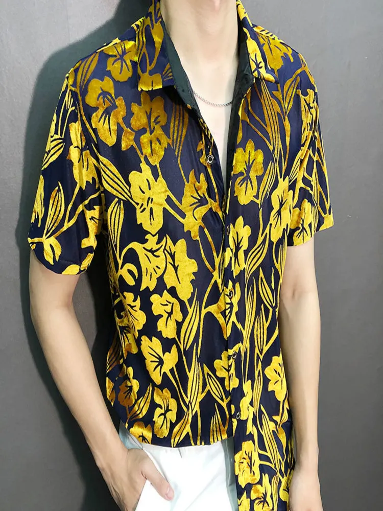 

Top Quality Summer Velvet Shirt Hawaiian Male Camicia Uomo Streetwear Flower Short Sleeve Camisa Hombre