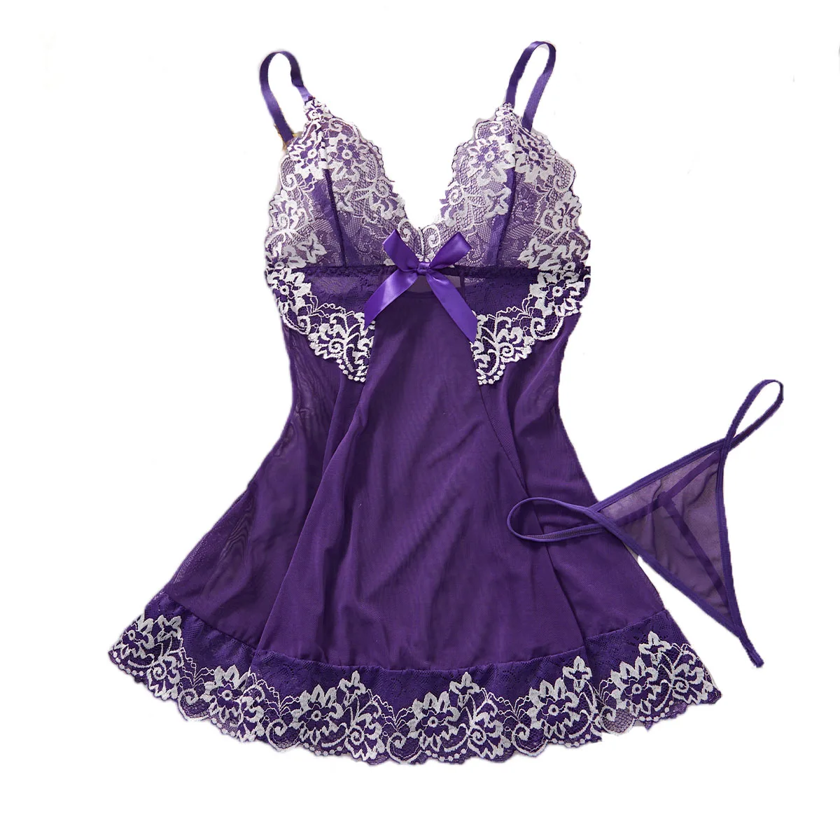 

Sexy Nightgown Set Women Sling Sleepwear Elegant Costume Embroidered Dresses With Thongs Baby Doll 2 Pcs Lingerie Lace Patchwork