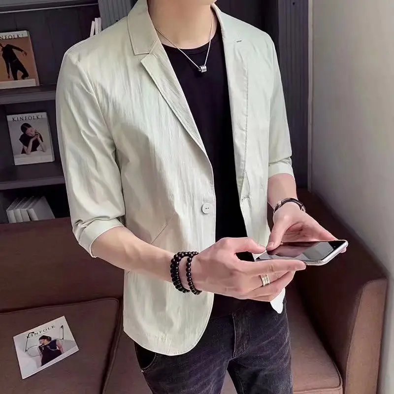 

Мужской летний тонкий пиджак с круглым вырезом, на одной пуговице, модный, повседневный, не требует глажки, для взрослых.