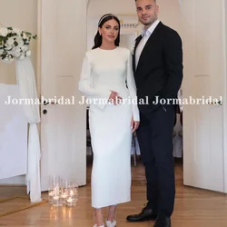 Women's Vintage O-neck Wedding Dress Long Flare Sleeves Crepe Mermaid Ankle Length Bride Gown Plus Size Bride Dresses Customized
